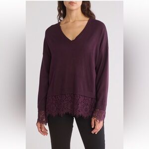 Adrianna Papell Deep Purple Lace Trim Sweater